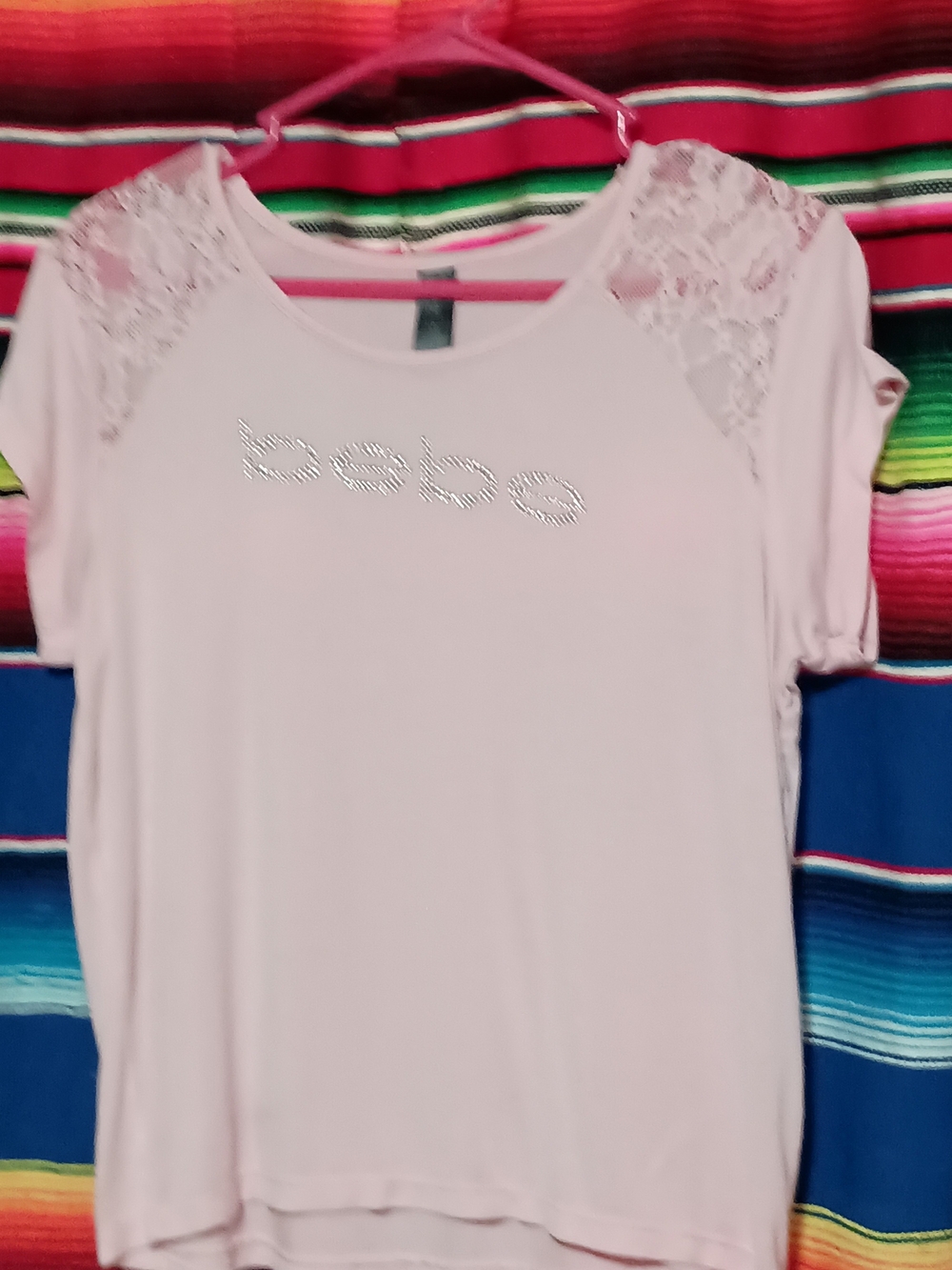bebe Light Pink Short Sleeve Tee with Lace Shoulders and Rhinestone Logo L